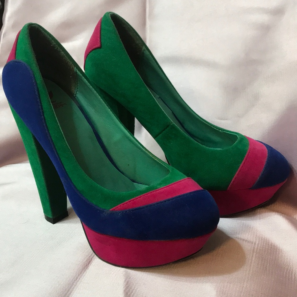 Green, pink, and blue platform heels